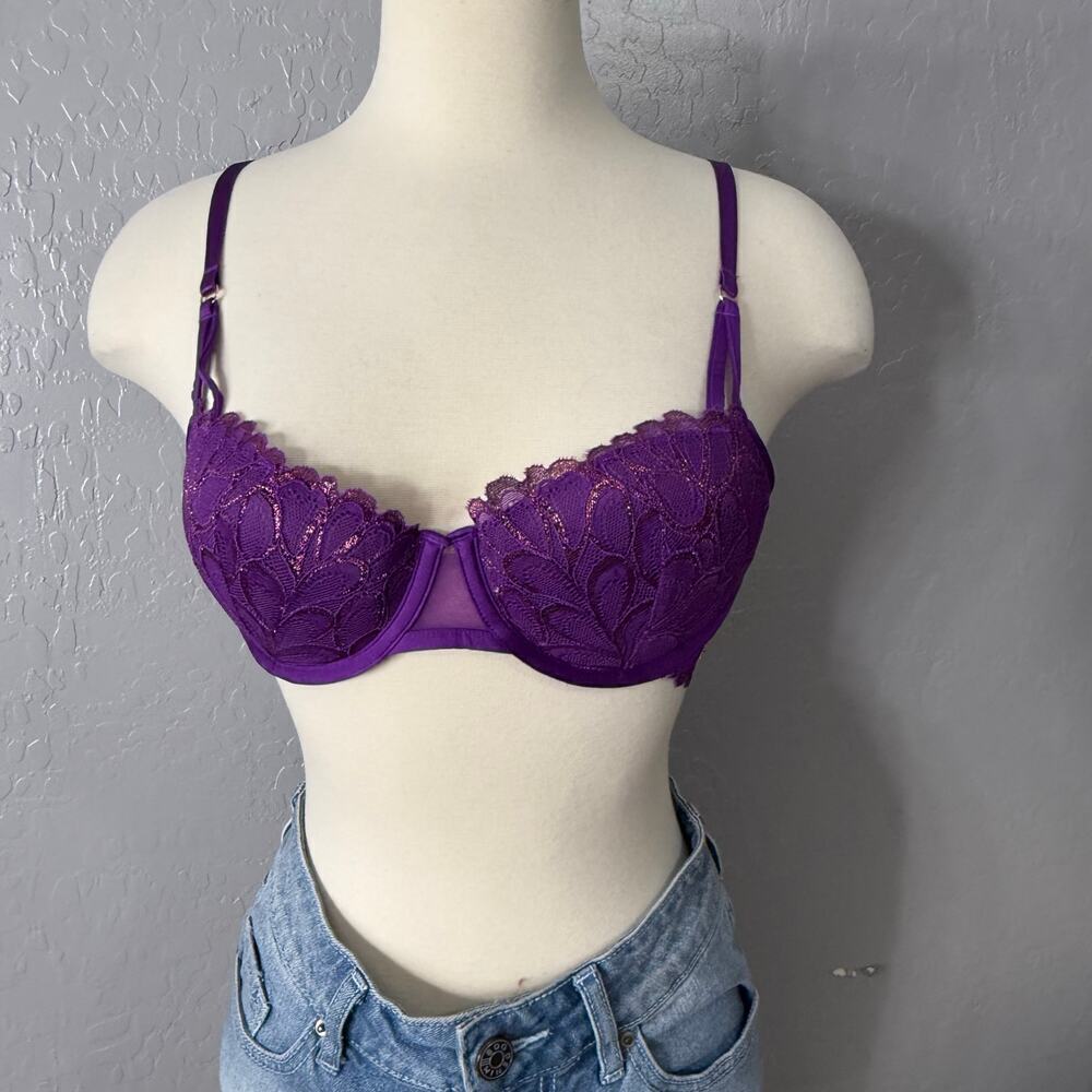 Savage X Fenty Not Sorry Lightly Lined Lace Balconette Bra, 34C, Purple Gem